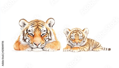 A serene moment featuring a mother tiger and her playful cub resting peacefully together