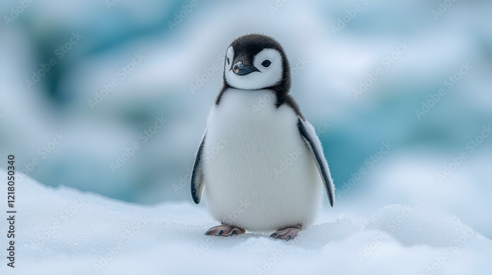 Naklejka premium Adorable penguin chick on Antarctic ice, icy background, wildlife photography