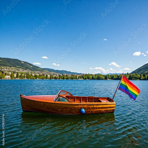 Rainbow flag fluttering on a boat docked at a calm lake photo