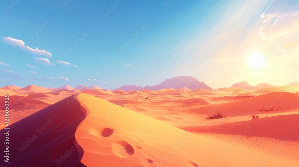Sunlit desert landscape with sand dunes and mountains at sunset. Sunlit desert landscape with sand dunes and mountains at sunset.