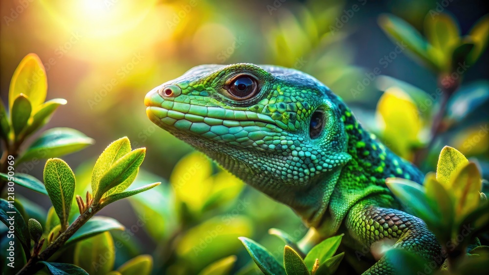 Fototapeta premium Captivating Low Light Photography of a European Green Lizard in Its Natural Habitat with Intricate Details and Vibrant Colors