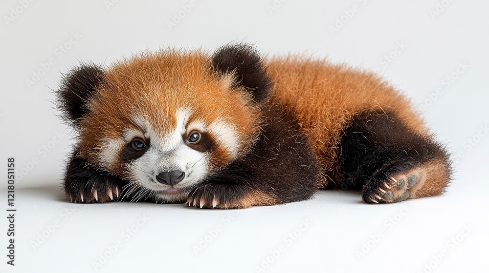 Adorable red panda cub resting on white background Adorable red panda cub resting on white background