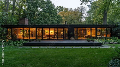 Modern house with large windows, deck, and lush garden at dusk.