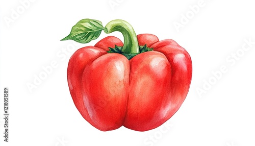 Vibrant red bell pepper with a fresh green leaf, showcasing its glossy texture against a white background