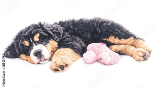 A sleeping puppy with fluffy black and brown fur rests peacefully beside a soft pink toy in a serene setting