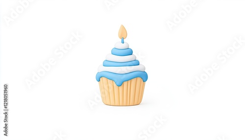 A beautifully decorated blue and white cupcake with a candle on top, set against a clean white background