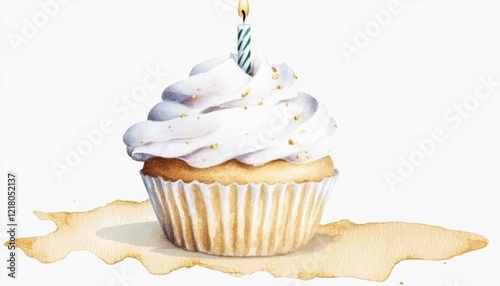 A beautifully decorated cupcake with a lit candle on top, surrounded by a watercolor splash, ideal for celebrations