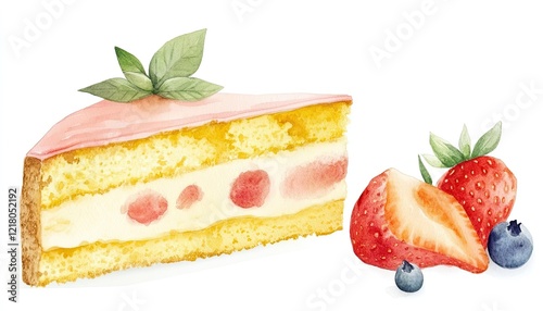 A delicious slice of cake with strawberries and blueberries, showcasing vibrant colors and fresh ingredients