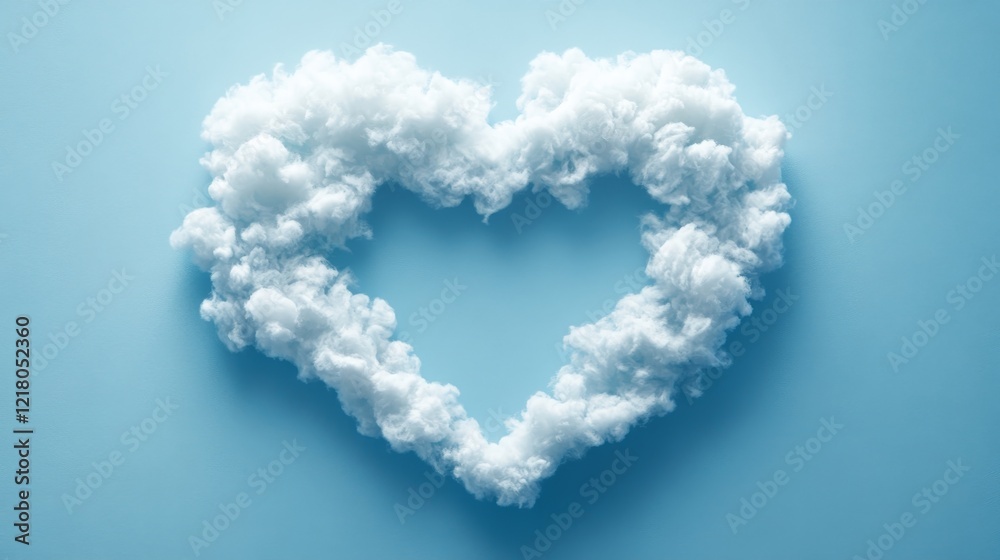 Fototapeta premium Fluffy White Cloud Heart with Empty Space on Blue Background Minimalist Valentines Day Concept