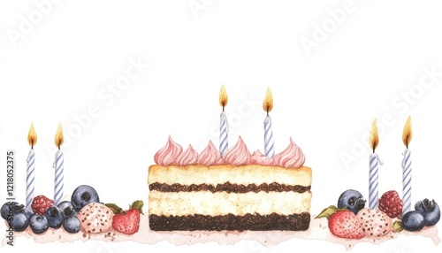 A beautifully decorated birthday cake with candles, surrounded by fresh berries, set against a plain background