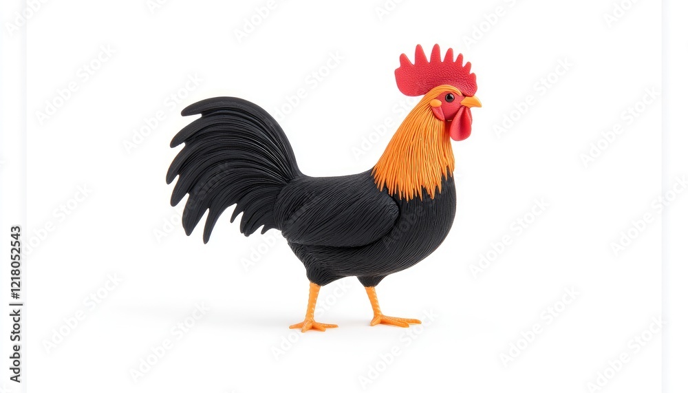 Fototapeta premium Colorful plastic rooster figurine standing proudly against a white background, ideal for playful decor