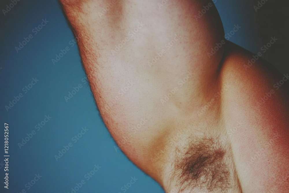 Fototapeta premium A man with a hairy chest is shown in a blue background