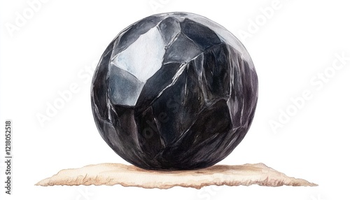 A polished black stone sphere resting on a textured surface, showcasing its reflective qualities and smooth edges