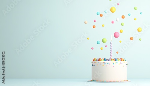 A colorful birthday cake with a candle surrounded by floating festive balls against a light background