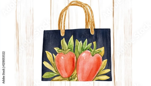 A beautifully illustrated tote bag featuring vibrant red peppers and green leaves on a wooden background