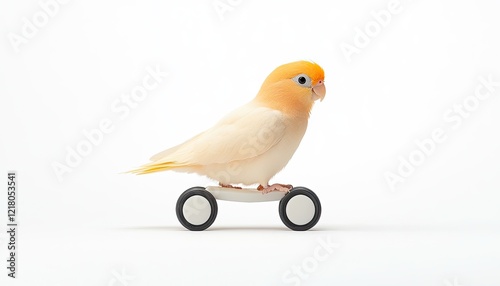A playful bird skating on a small skateboard against a clean white background