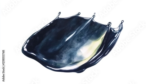 A glossy black liquid splash captured mid-motion against a clean white background, showcasing fluid dynamics