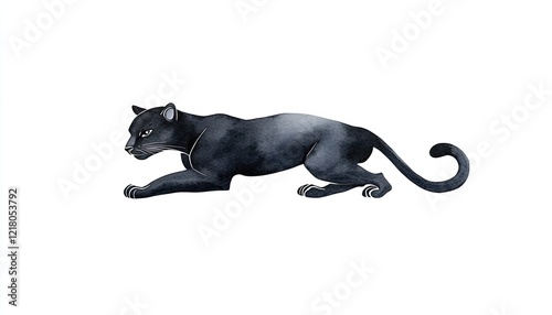 A sleek black panther stealthily prowling across a white background, highlighting its graceful form photo