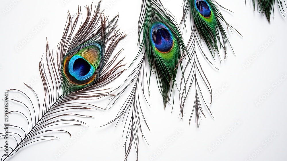 Obraz premium Peacock Feathers, Bright, White Background, High-Resolution, Photorealistic