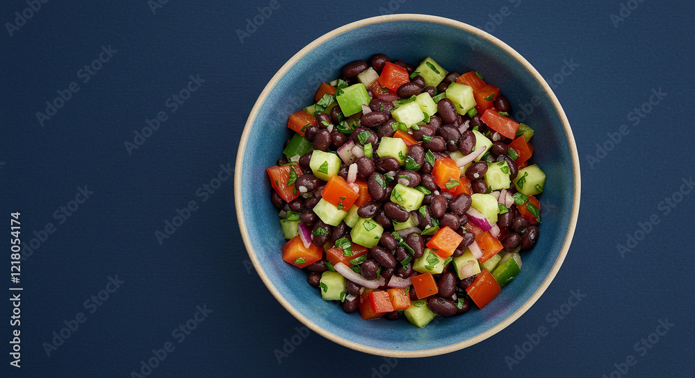 A bowl of black bean salad on a navy blue background negative space ideal for adding text or graphic elements the overall aesthetic is clean minimalistic and visually appealing A bowl of black bean salad on a navy blue background negative space ideal for adding text or graphic elements the overall aesthetic is clean minimalistic and visually appealing