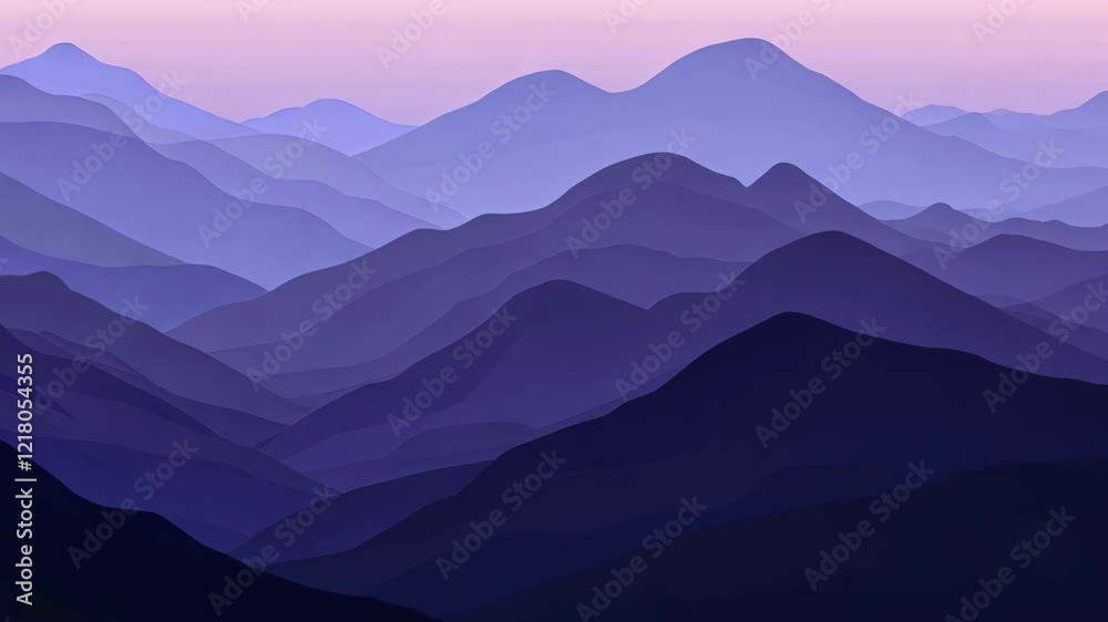 Soft purple hues blanket a mountain range during twilight, creating a serene and picturesque landscape Soft purple hues blanket a mountain range during twilight, creating a serene and picturesque landscape
