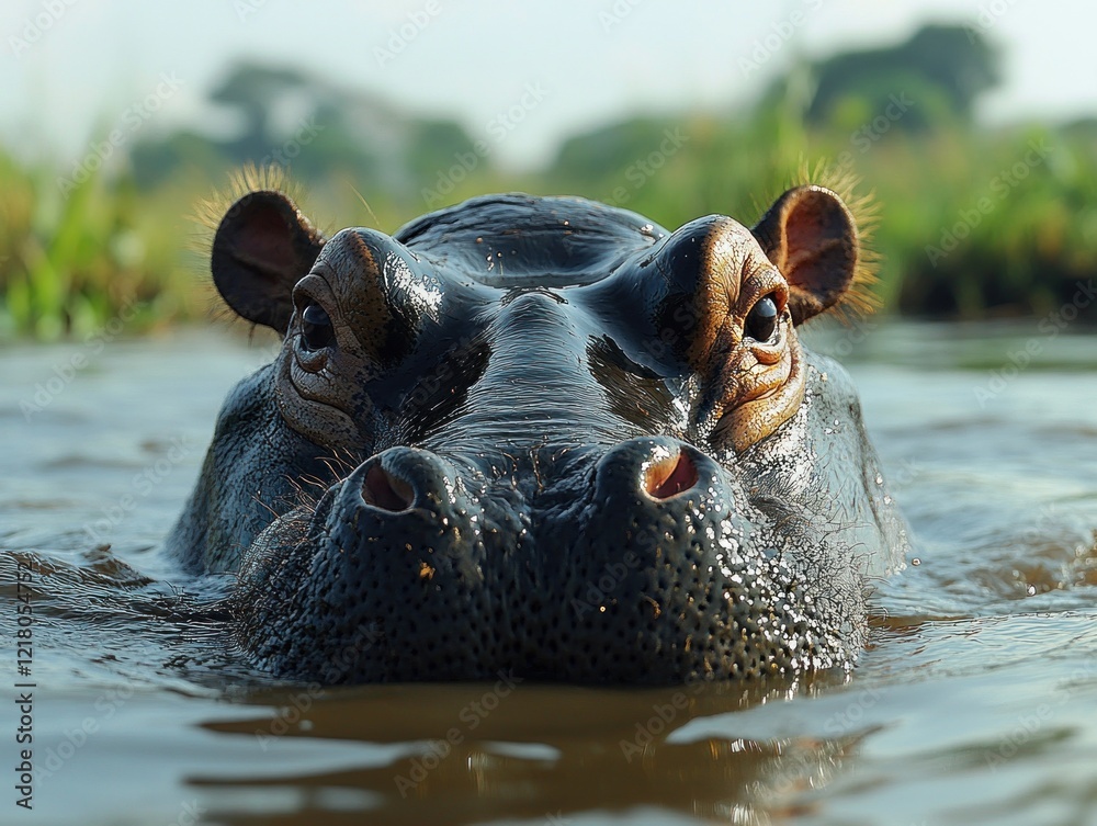 Fototapeta premium Close-up of a Hippopotamus in Water, facing directly at the camera, with ears erect