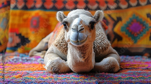 Camel resting on colorful rug, desert background, travel photo photo