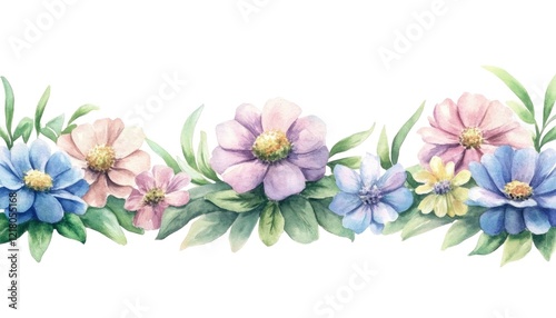 Vibrant watercolor floral border featuring various blossoms and lush green leaves on a white background