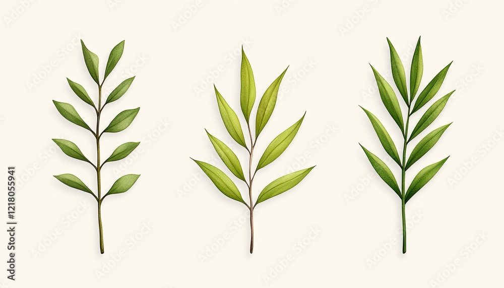 Fototapeta premium Three distinct types of green leaves arranged artistically on a neutral background, showcasing nature's beauty