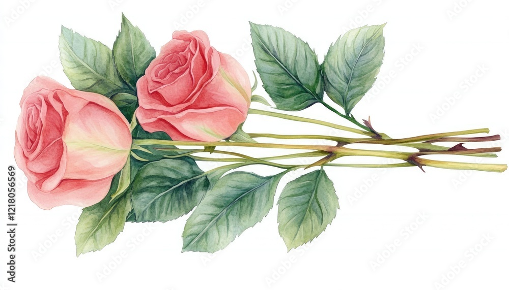 Obraz premium Beautifully illustrated pink roses with lush green leaves, symbolizing love and elegance, ideal for floral designs