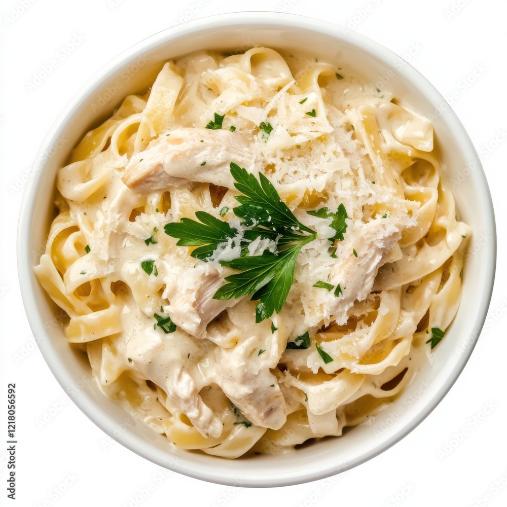 A bowl of creamy chicken Alfredo pasta with Parmesan cheese, isolated white background, realism art style A bowl of creamy chicken Alfredo pasta with Parmesan cheese, isolated white background, realism art style