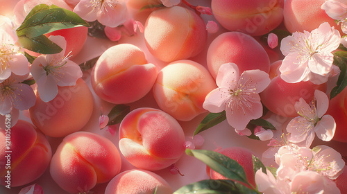 A delightful pattern of peaches with pink blossoms creating a vibrant display of spring produce and florals photo