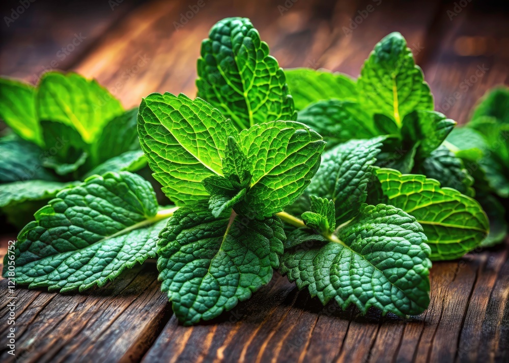 Fresh Mint Leaves on Rustic Wooden Table - Herbal Still Life Photography Fresh Mint Leaves on Rustic Wooden Table - Herbal Still Life Photography