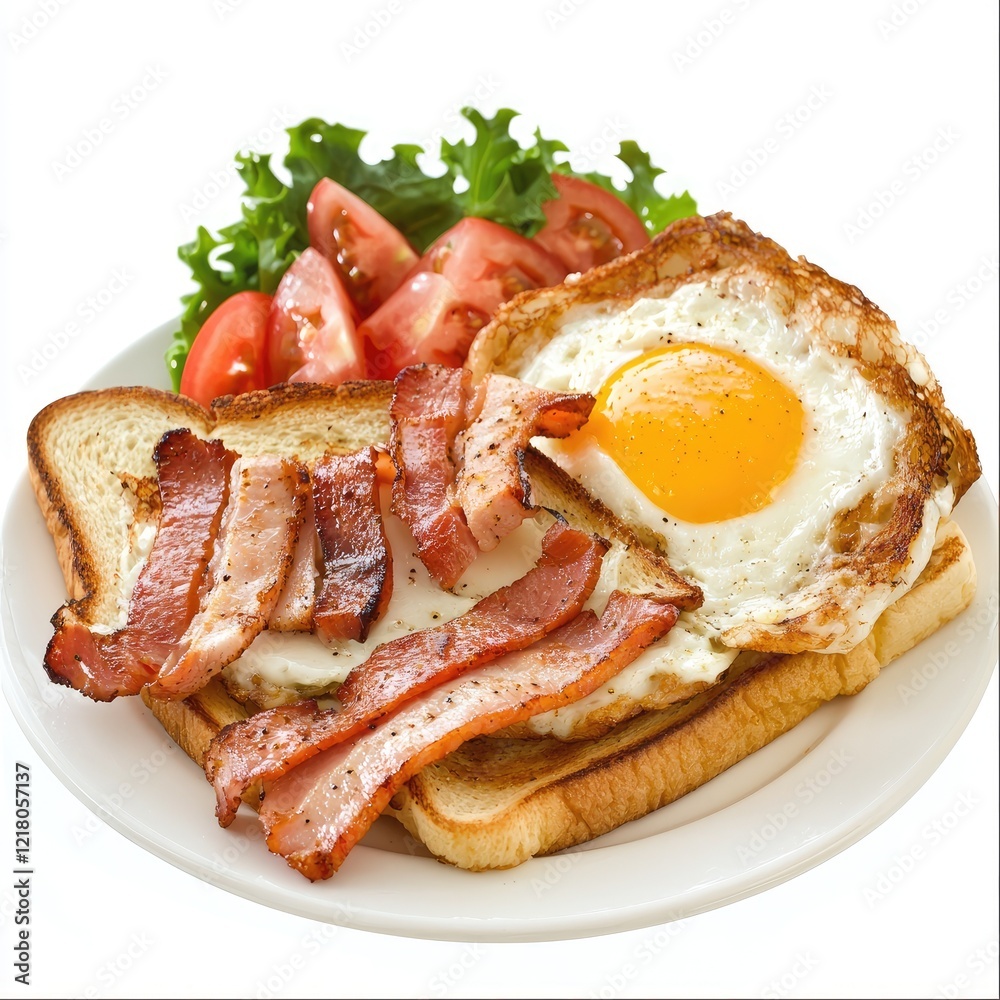 Delicious breakfast fried egg, bacon, toast, salad Delicious breakfast fried egg, bacon, toast, salad
