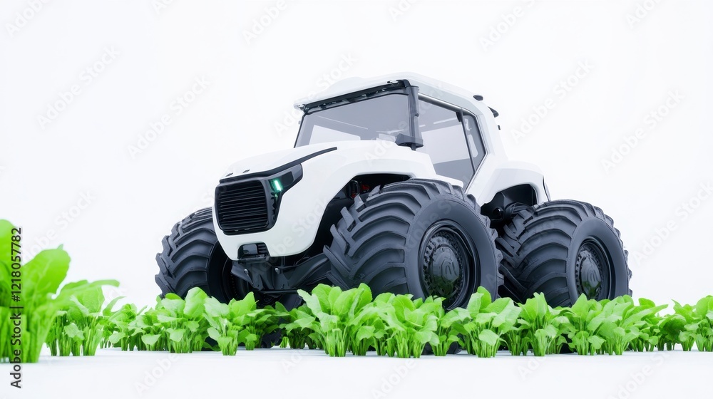 Modern White Tractor in Lush Green Field Modern White Tractor in Lush Green Field