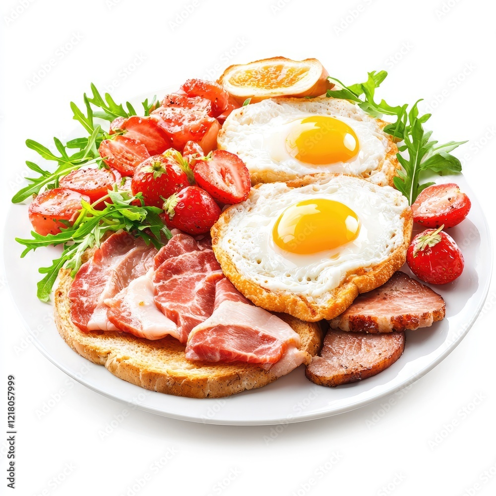 Delicious breakfast plate eggs, bacon, strawberries, toast. Perfect for menus or food blogs Delicious breakfast plate eggs, bacon, strawberries, toast. Perfect for menus or food blogs