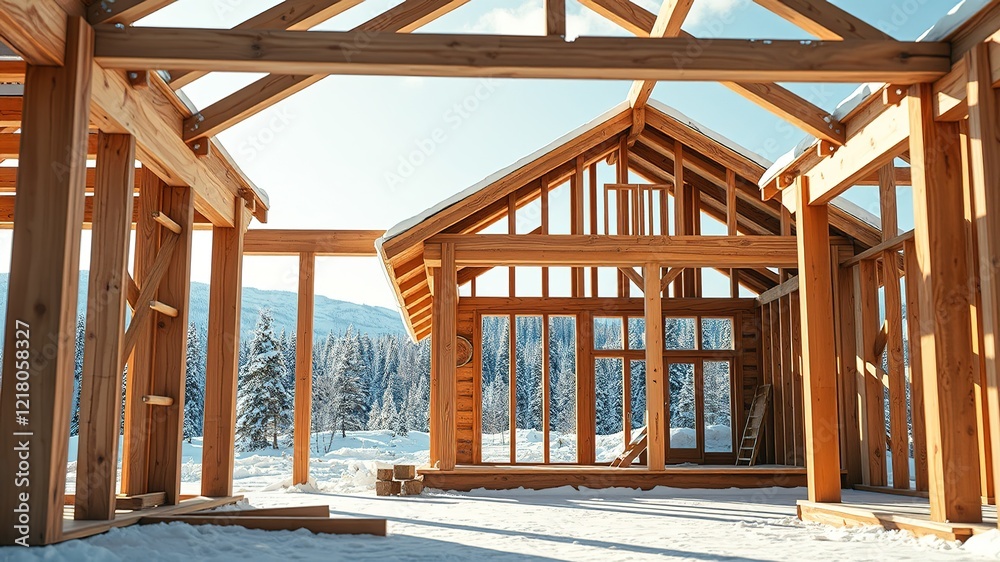 Obraz premium Stunning Winter Wooden House Frame Construction, Architectural Photography
