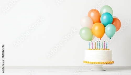 Festive birthday cake adorned with colorful balloons and candles, set against a clean backdrop