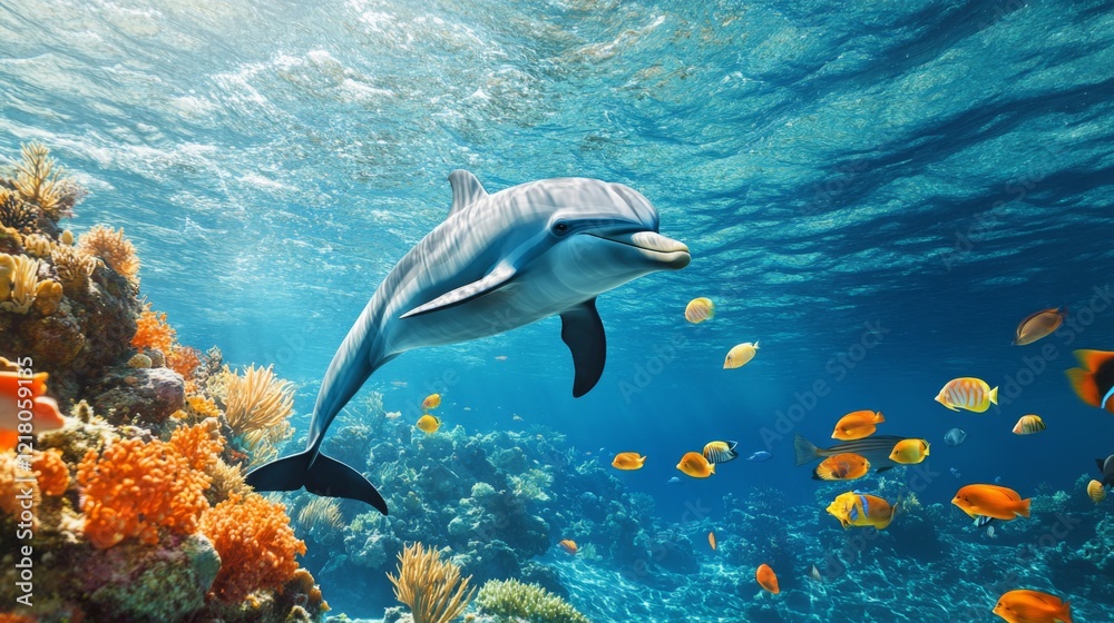 A dolphin swimming gracefully underwater, surrounded by a school of colorful fish in a crystal-clear ocean.