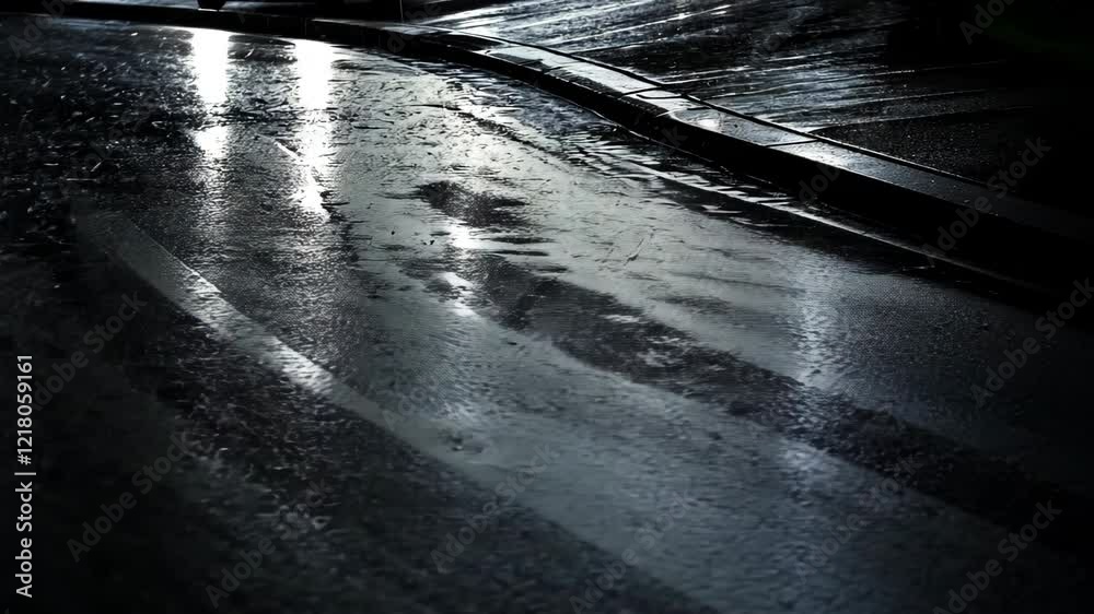 Reflections on a wet street after rain at night with city lights creating a moody atmosphere