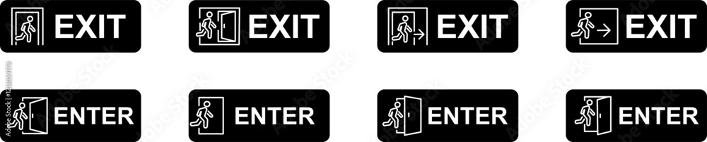 Set of black emergency exit door icons: open/closed door with man and arrow - office safety symbols