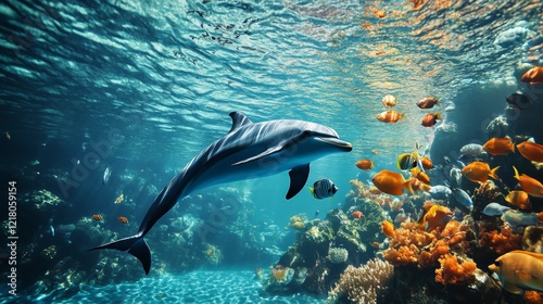 A dolphin swimming gracefully underwater, surrounded by a school of colorful fish in a crystal-clear ocean.