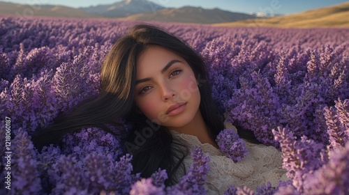 Woman with long dark hair lying in a lavender field at sunset.
