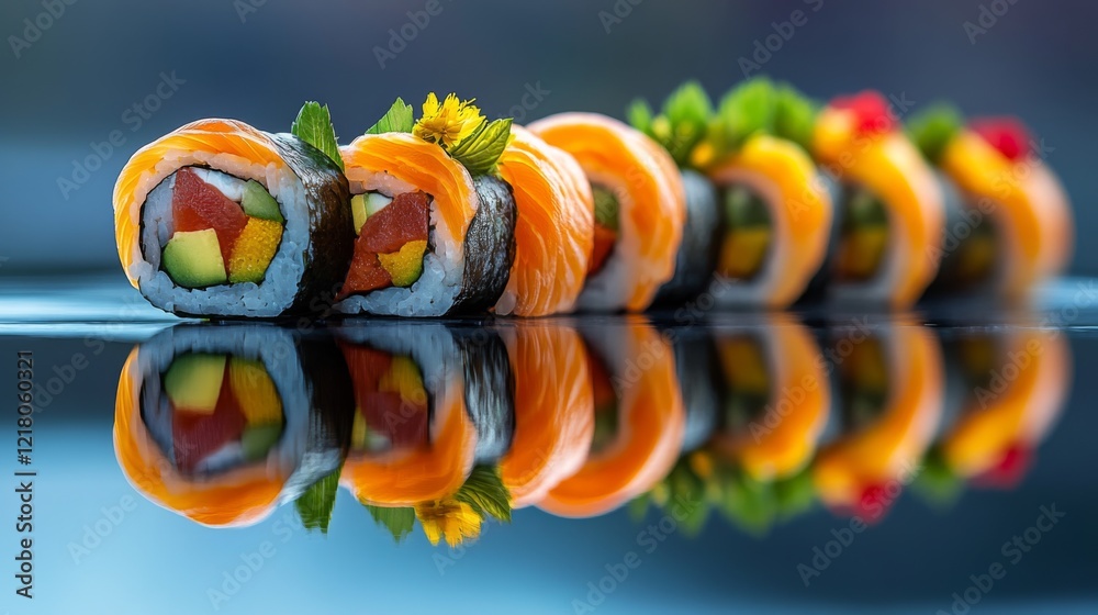 A macro shot of a beautifully arranged sushi roll, showcasing the vibrant colors of the fresh ingredients and the intricate presentation. A macro shot of a beautifully arranged sushi roll, showcasing the vibrant colors of the fresh ingredients and the intricate presentation.