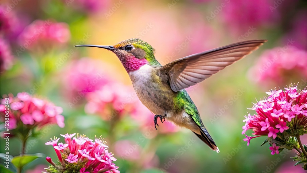 Fototapeta premium Long Exposure Hummingbird Photography: Pink Flower Garden, Blurred Motion, Nature Wildlife
