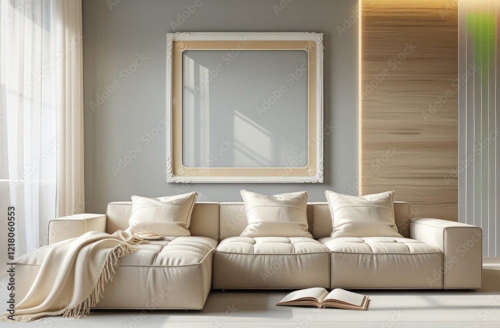 Fototapeta premium Empty frame mockup in modern living room interior background, poster frame mockup design, mockup frame