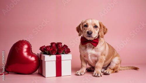  A dog wearing a red bow tie sitting beside a heart-shaped balloon.  A Valentine’s gift box and roses nearby.  Cute and heartwarming holiday setting. 