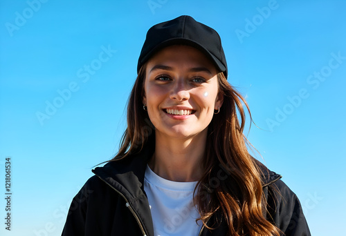 A young woman with long brown hair smiles brightly, wearing a black baseball cap and jacket against a clear blue sky. Shes wearing simple hoop earrings.
