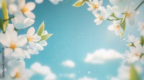Blossoming white flowers frame a serene blue sky with fluffy clouds, evoking tranquility and renewal