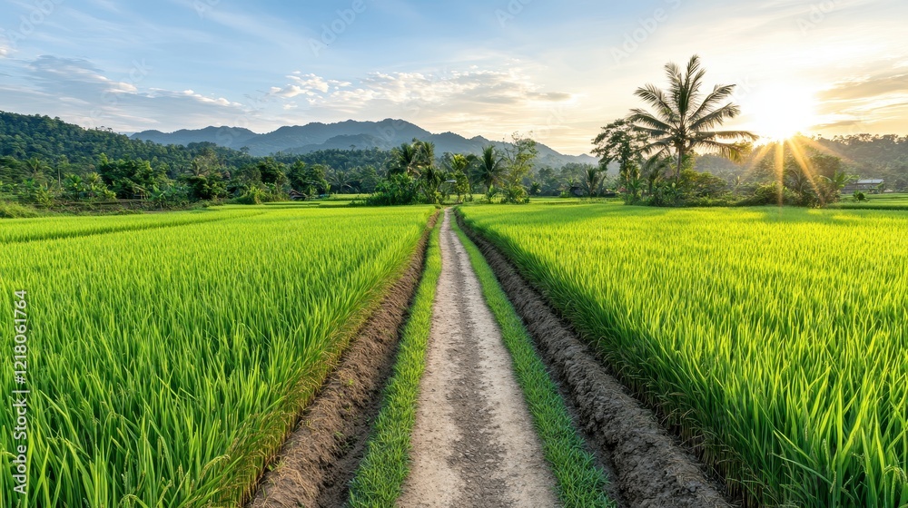 Serene Pathway Through Lush Green Rice Fields Under a Golden Sunset with Majestic Mountains in the Background Serene Pathway Through Lush Green Rice Fields Under a Golden Sunset with Majestic Mountains in the Background